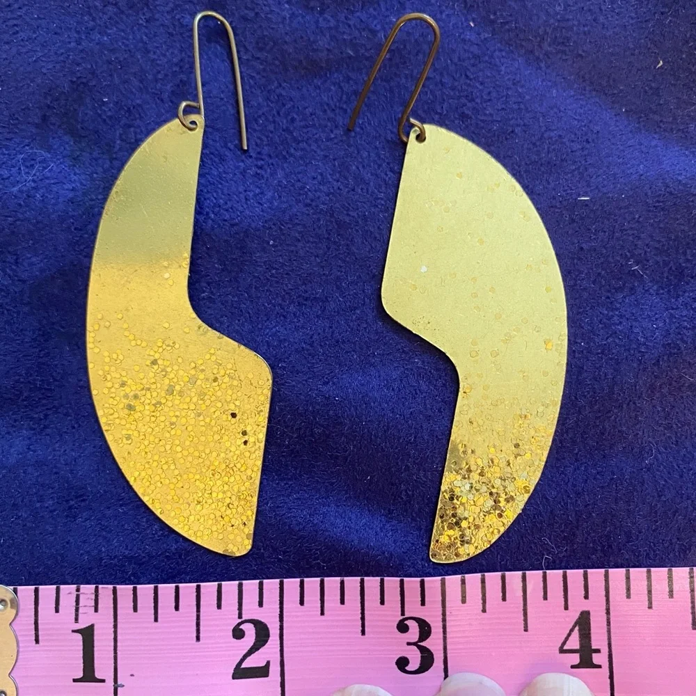 Large Gold Tone Abstract Puzzle Piece-like Earrings with Sparkles Pierced Ears